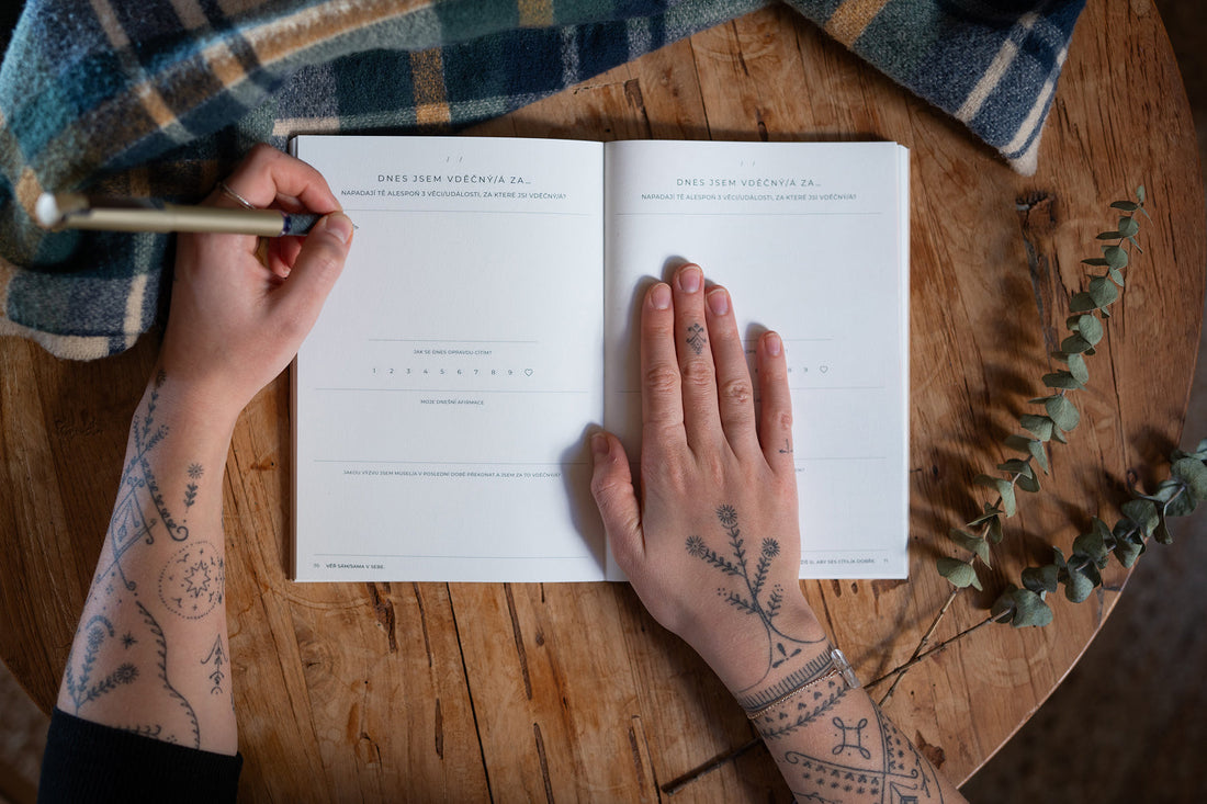 Otevřený deník vděčnosti od GoodWays na dřevěném stole – ukázka prázdné stránky s otázkou dne, prostorem pro zápisy vděčnosti a indikátorem nálady