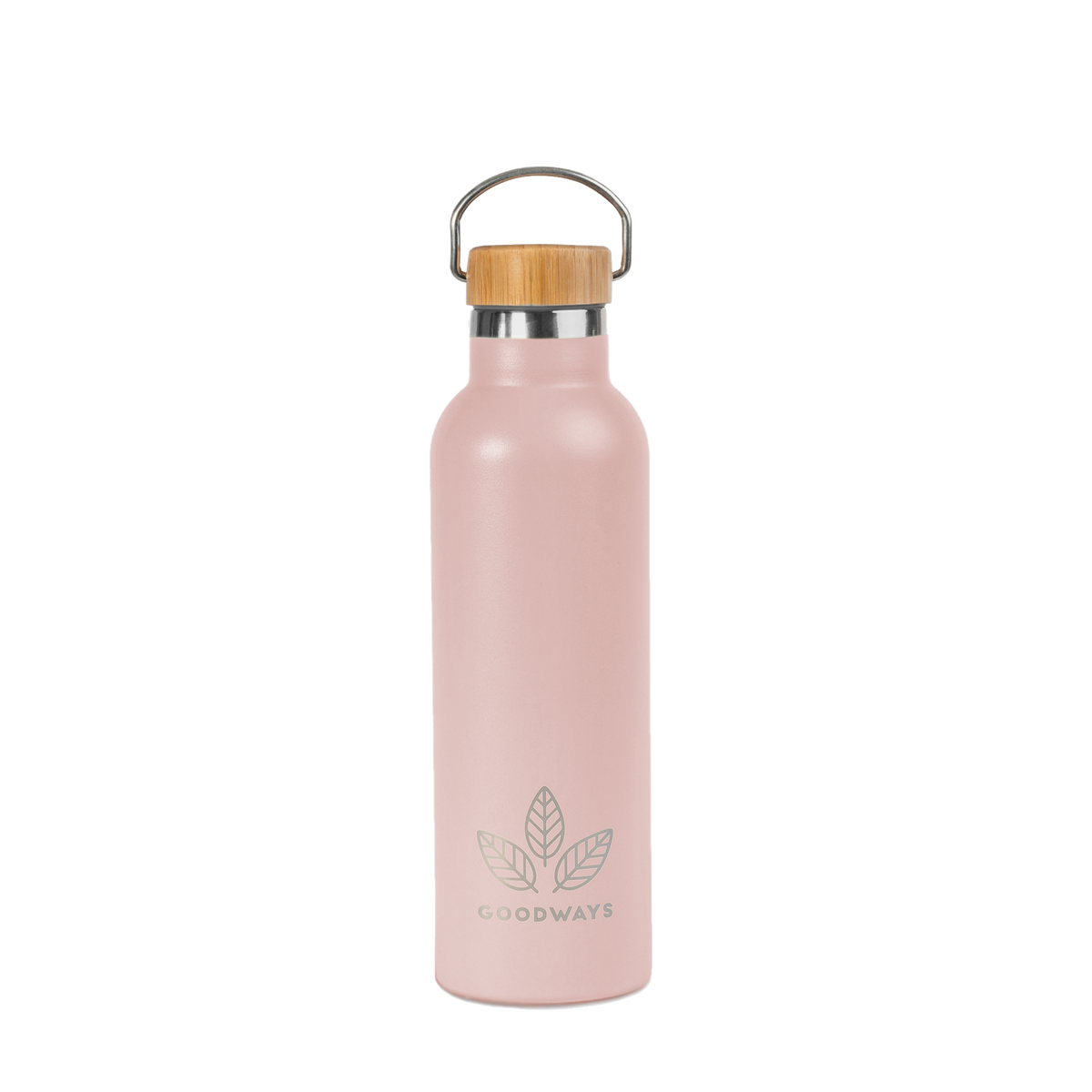 Termolahev GoodFlask Thermo 750 ml v růžové barvě Pink, nerezová láhev s bambusovým víčkem a kovovým poutkem.